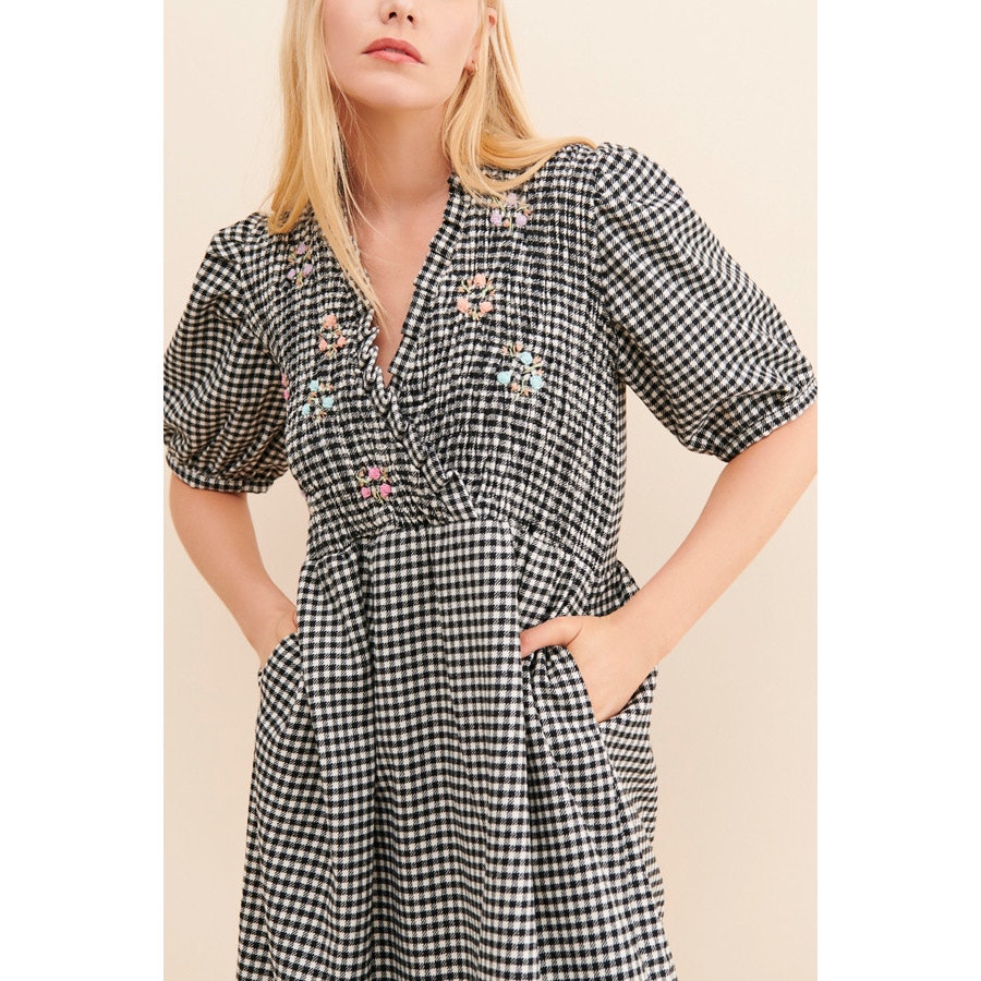 Tach Clothing Adelfa Black White Gingham Embroidered Smocked Midi Dress Xl — image 3 of 8